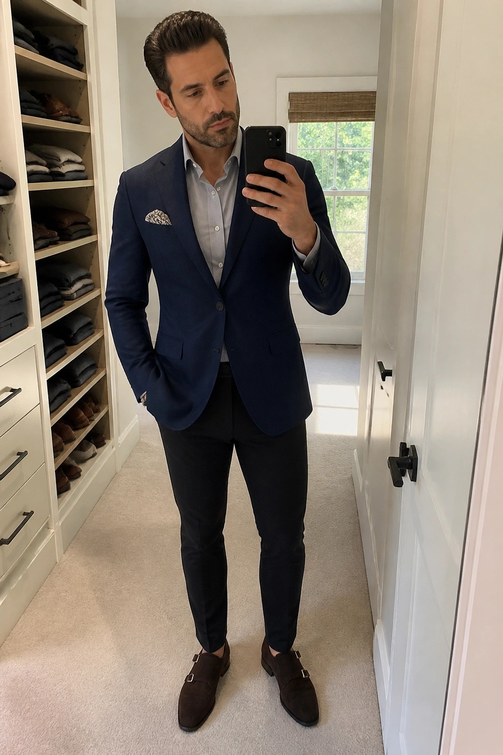 Man in navy suit with patterned pocket square taking mirror selfie in closet