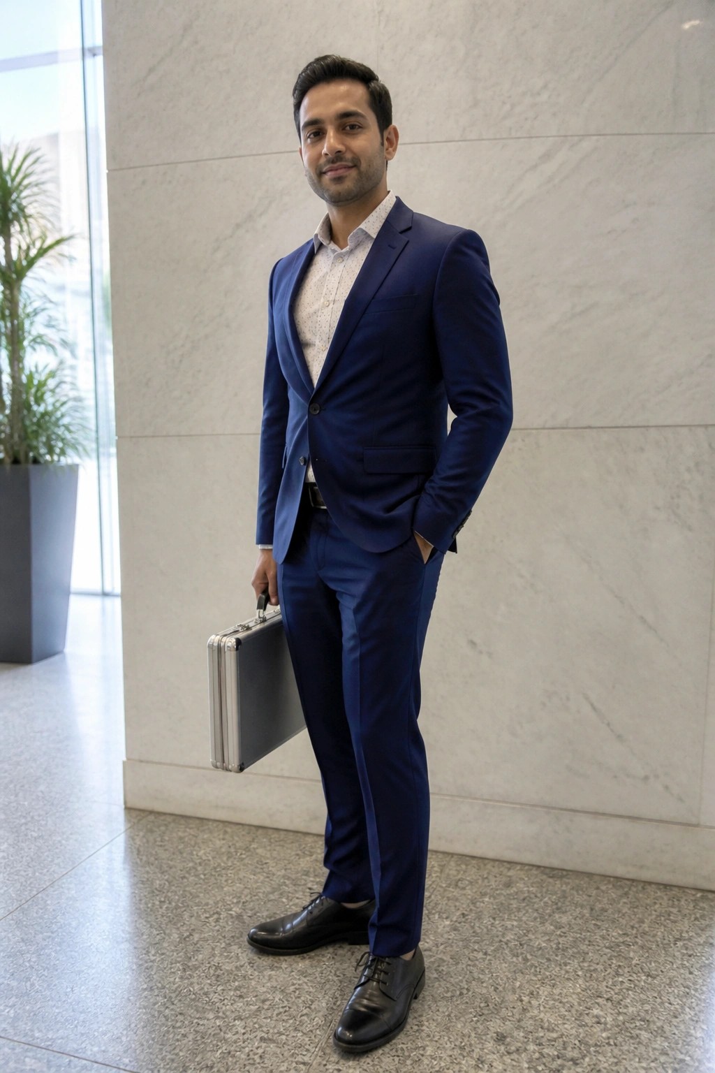 Man in navy blue suit holds silver briefcase against marble wall.