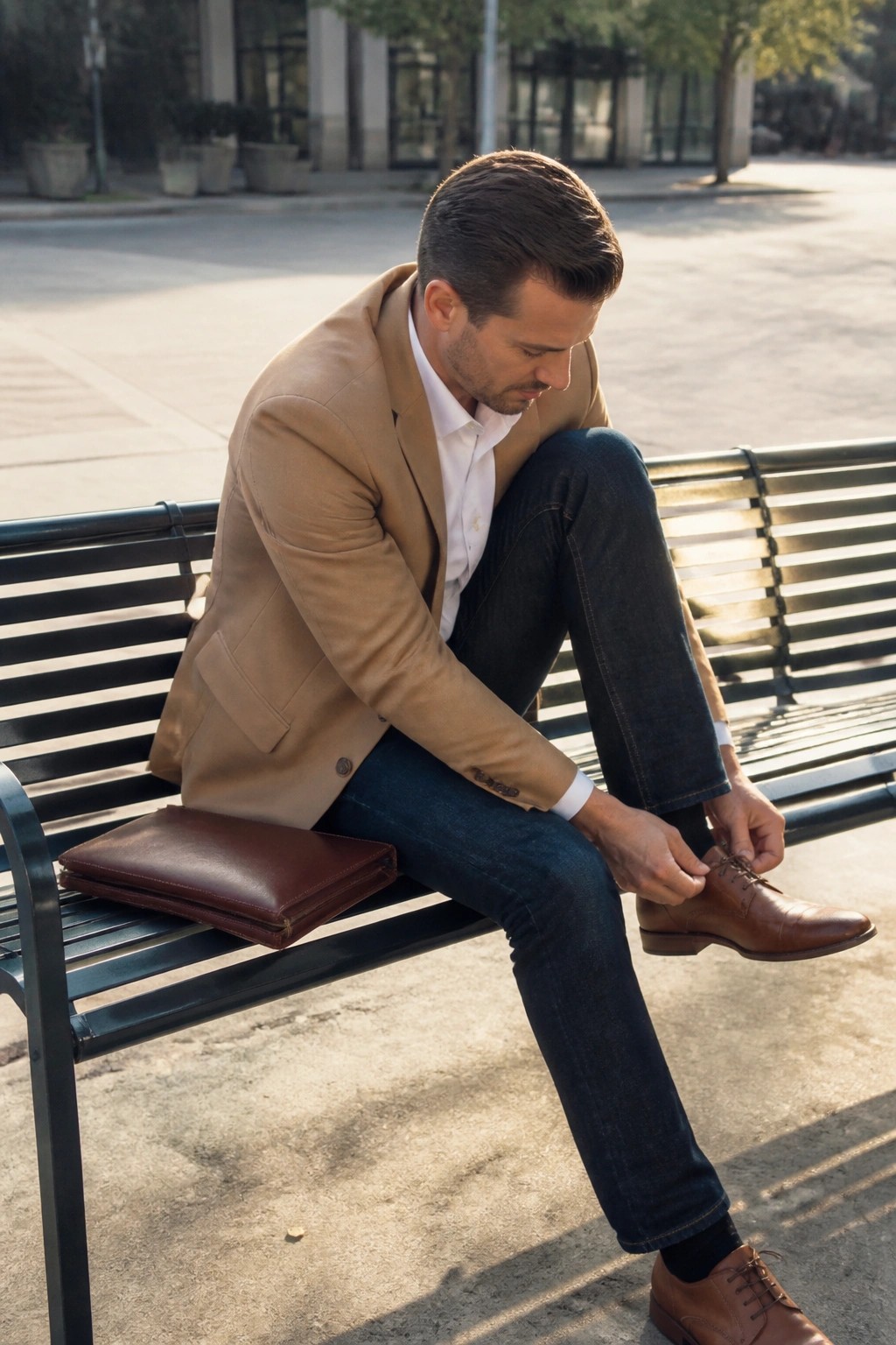 Man seated on bench wearing tan blazer over white button down shirt with dark blue jeans brown leather oxford shoes and brown leather portfolio bag resting beside him.