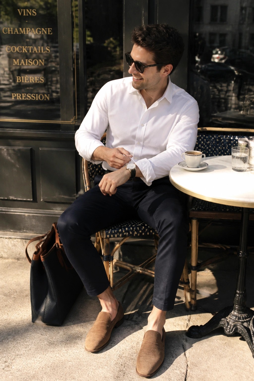 Man in white shirt and navy pants checks watch at outdoor cafe table with coffee