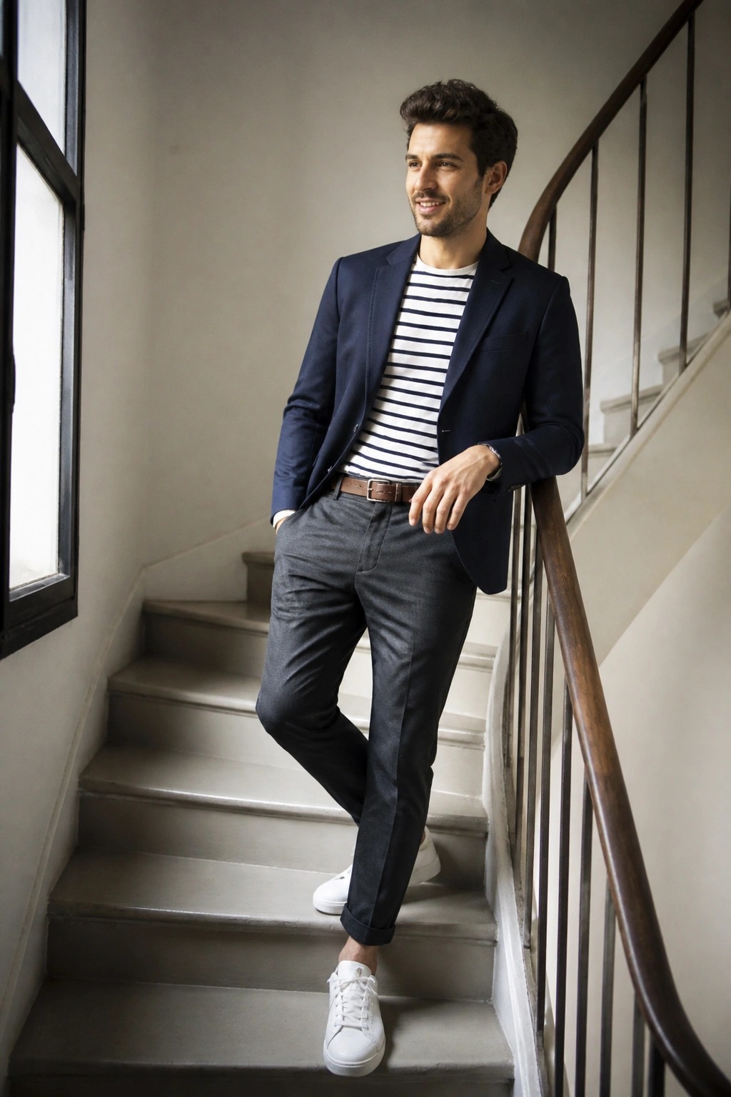 Man in navy blazer over striped shirt leaning on wooden stair railing