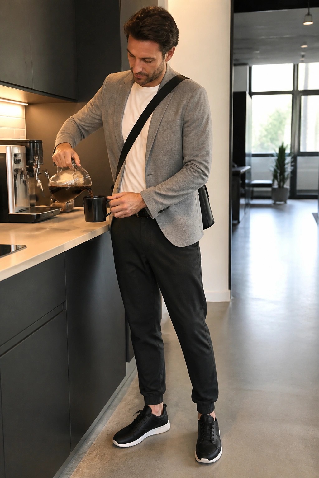 Man in gray blazer pours coffee from glass carafe into black mug in kitchen