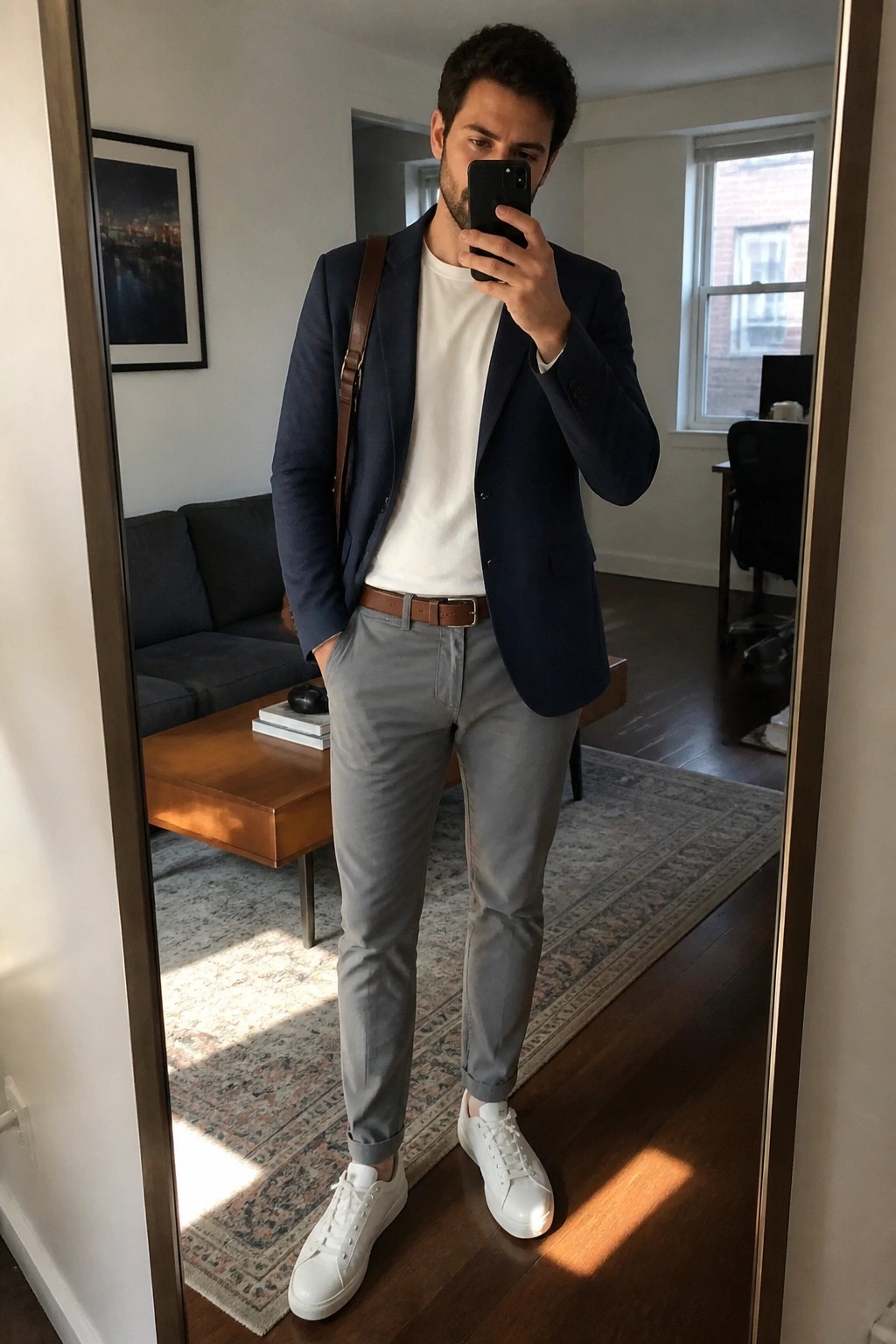 Man in navy blazer, white tee, gray pants taking mirror selfie in living room