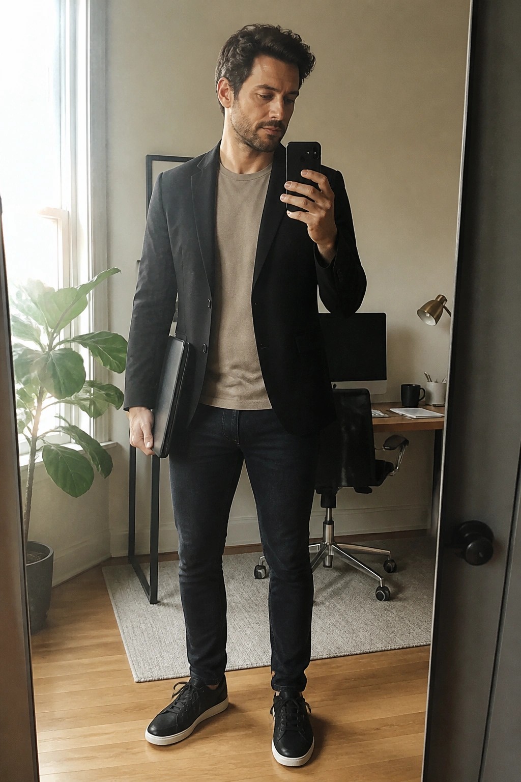 Man in black blazer over beige shirt taking mirror selfie in office with phone and folder