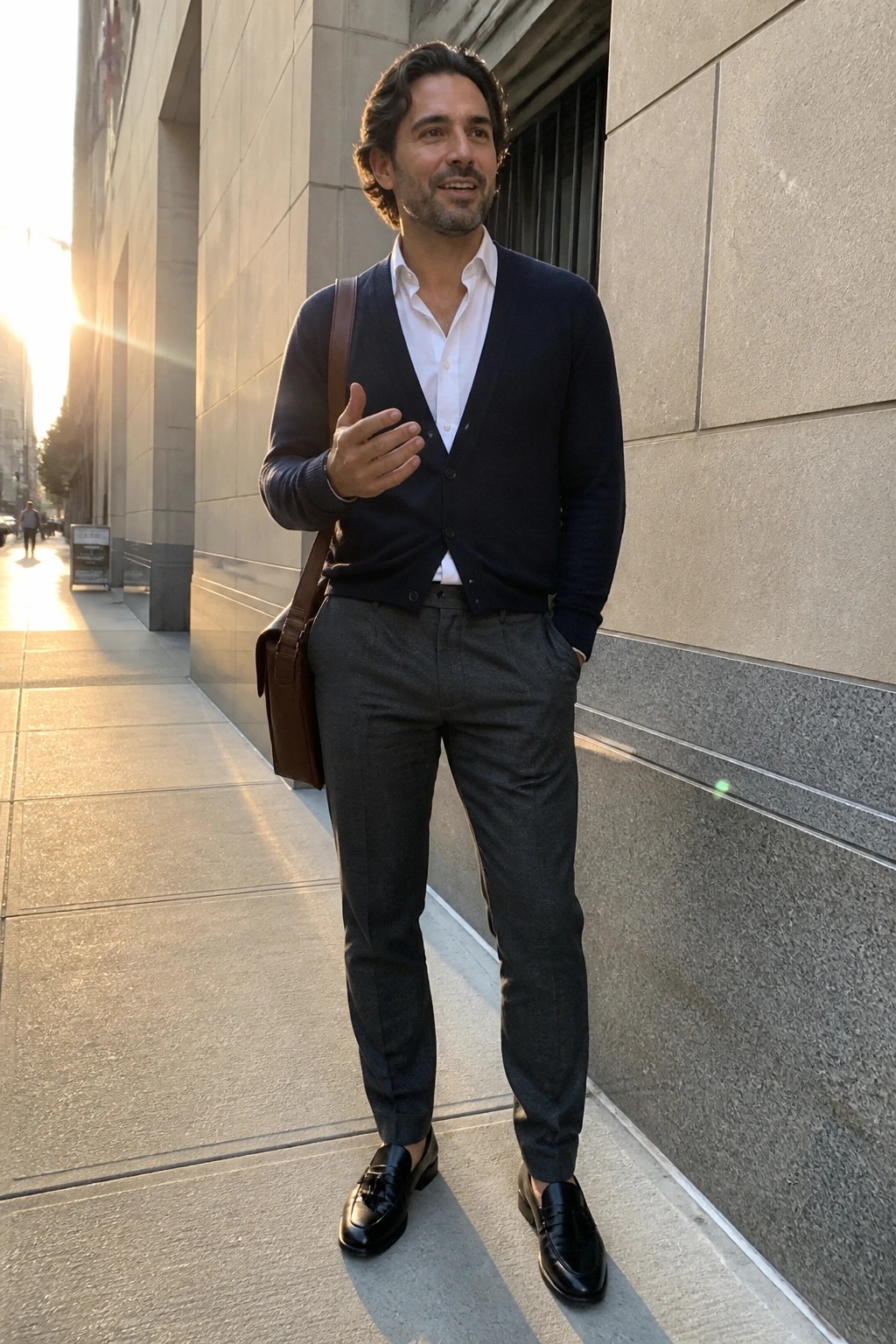 Man in navy cardigan over white shirt with gray pants and brown bag on sidewalk