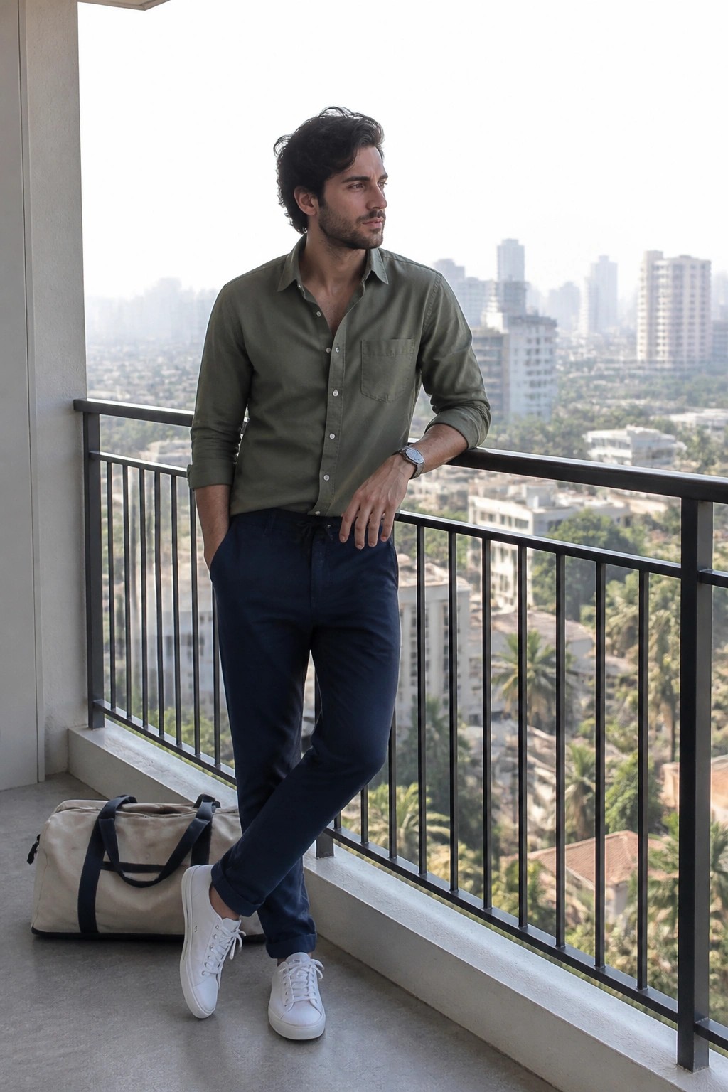 Man in green shirt and navy pants on balcony with city view and duffel bag.
