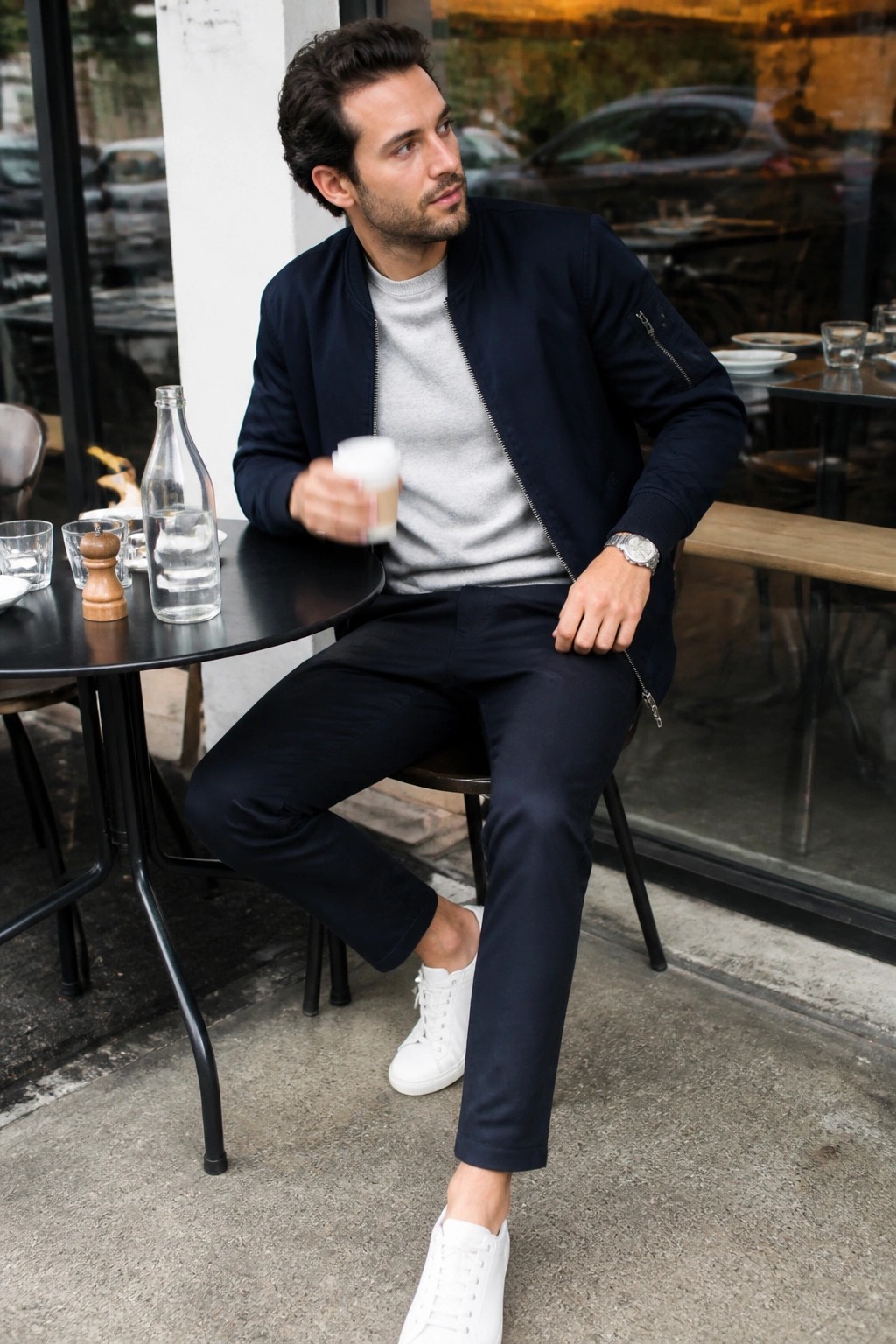 Man in navy bomber jacket and gray sweater holding coffee at outdoor cafe table