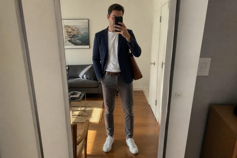 23 Timeless Office Wear Ideas for Men That Balance Comfort and Professionalism Man in navy blazer, white tee, gray pants taking mirror selfie in living room
