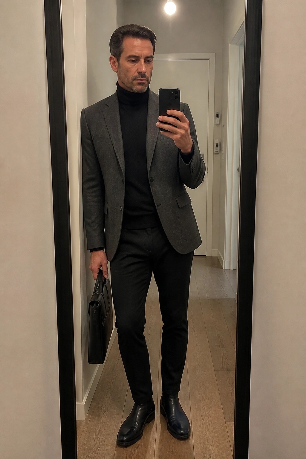 Man in gray blazer and black turtleneck holds phone and briefcase in hallway mirror