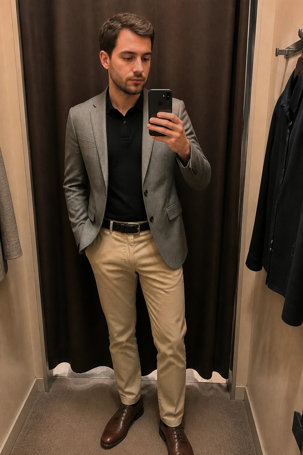 Man in gray blazer, black polo, khaki pants taking mirror selfie in fitting room