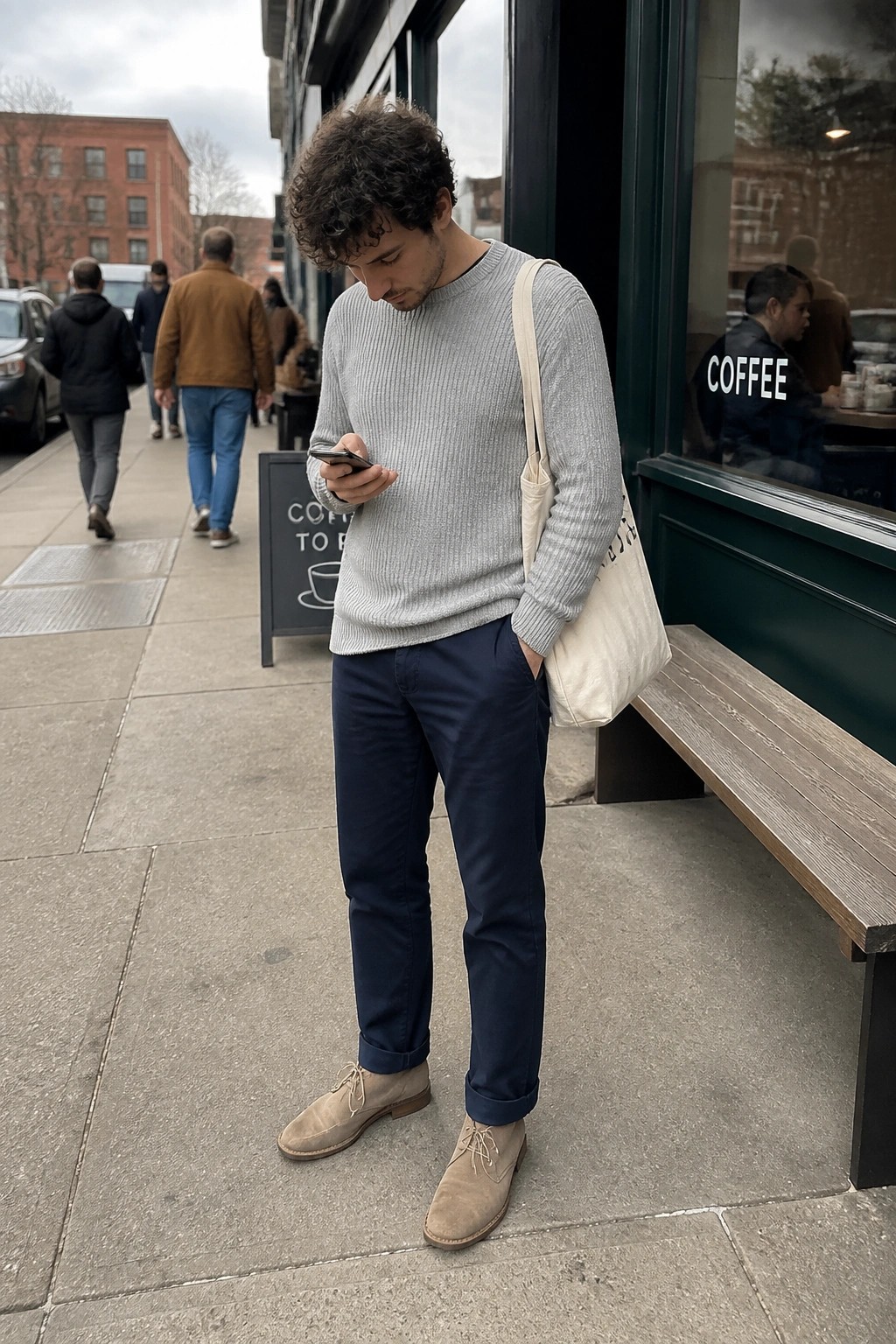 Man in gray sweater and navy pants with tote bag checking phone outside cafe