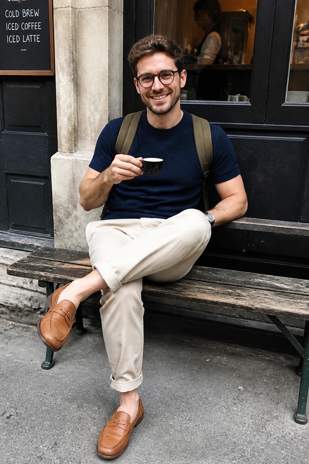 Smiling man in navy sweater and beige pants holds espresso cup on wooden bench