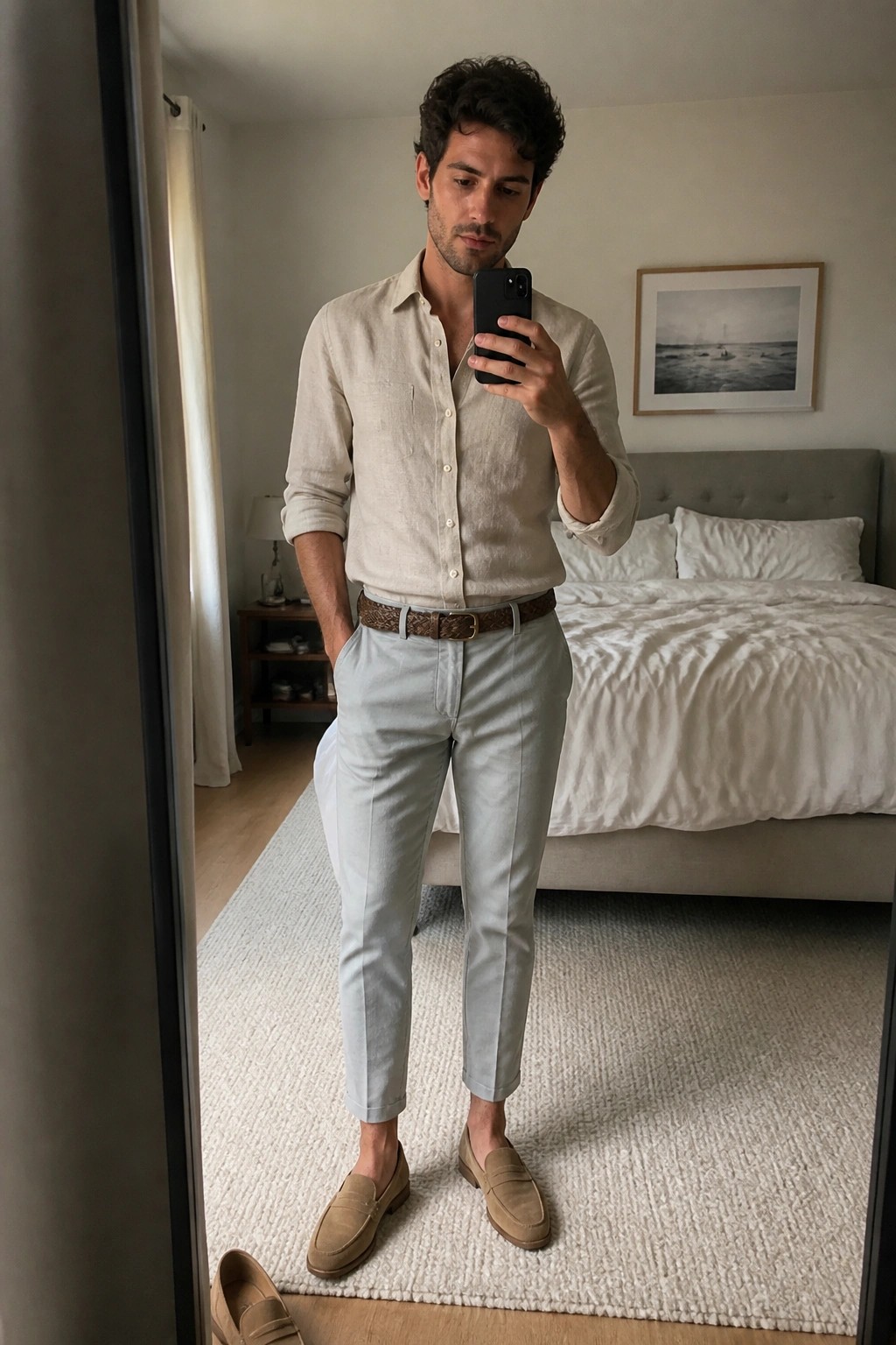 Man in beige linen shirt and gray pants taking bedroom mirror selfie