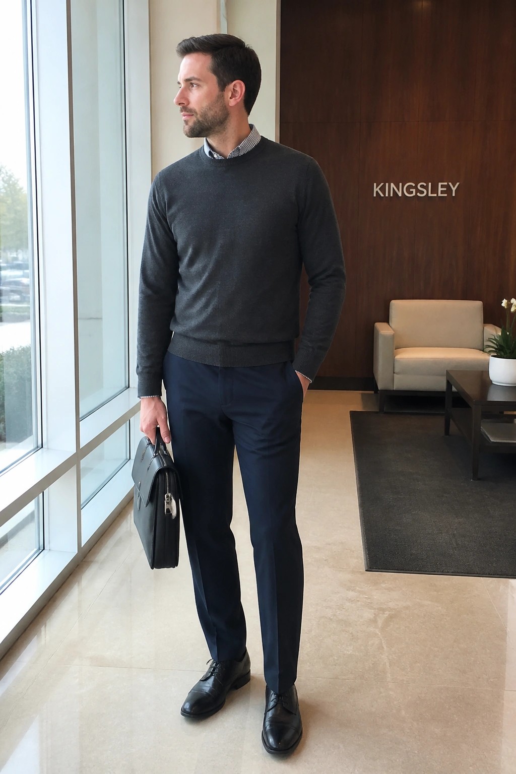Man in gray sweater and navy pants holding briefcase in modern office lobby