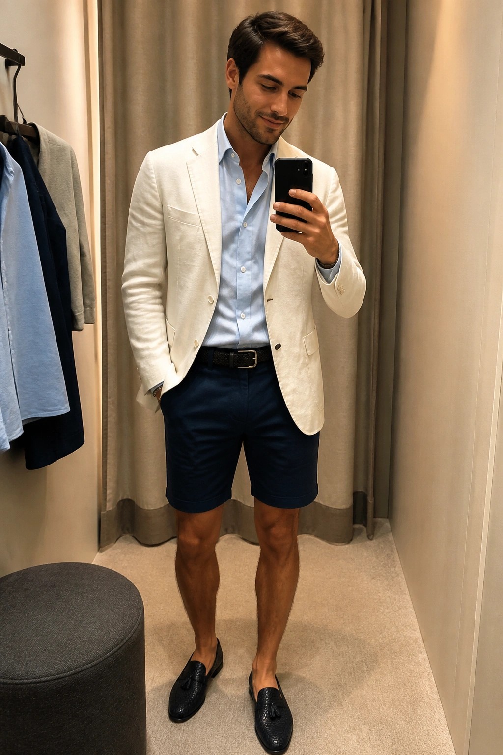 Man in white blazer, blue shirt and shorts taking mirror selfie in fitting room