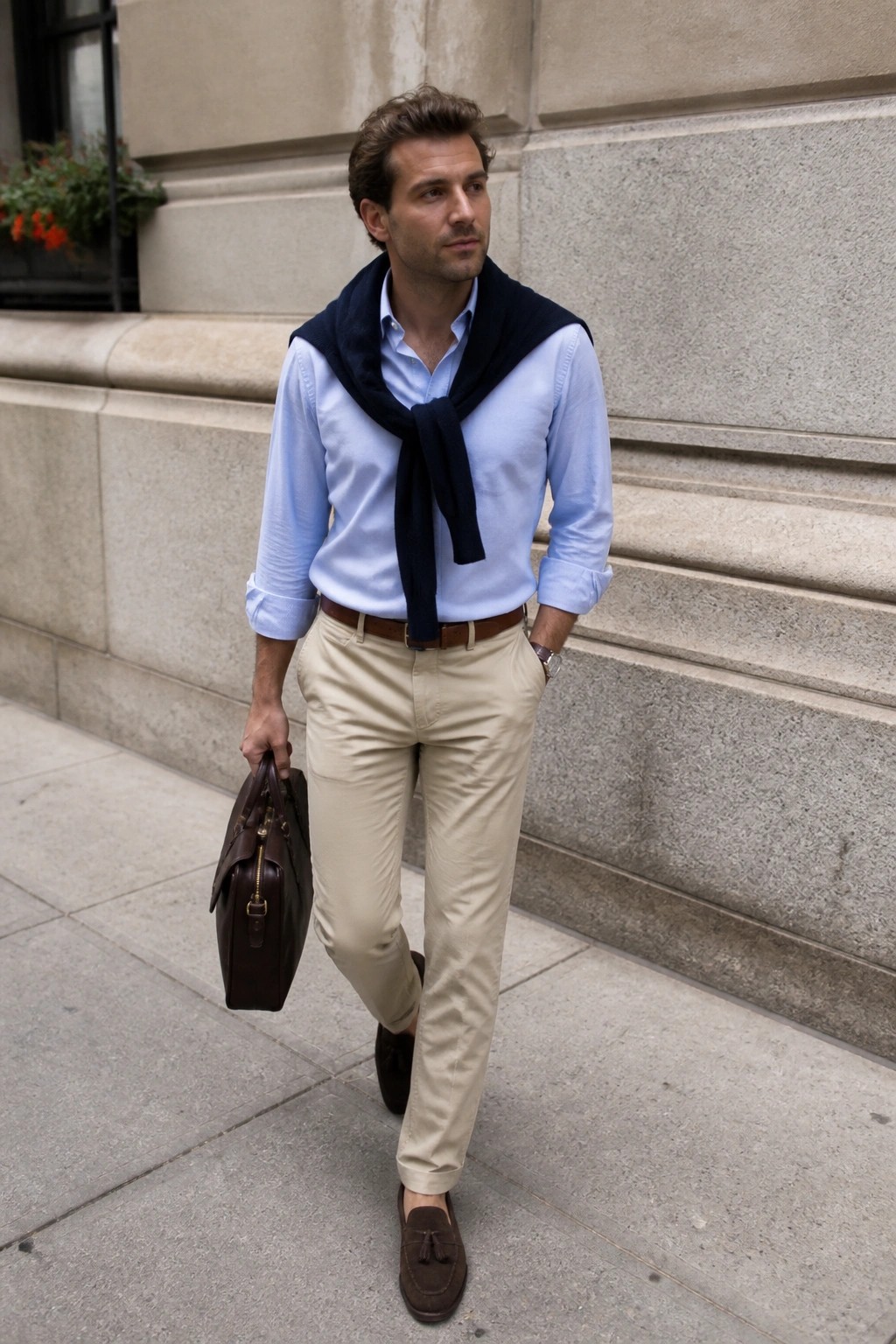 Man in light blue shirt with navy sweater tied at neck carrying briefcase