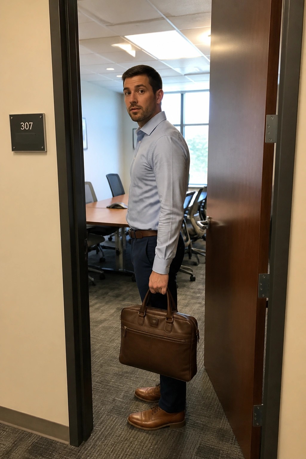 Man in light blue shirt holding brown briefcase in office doorway