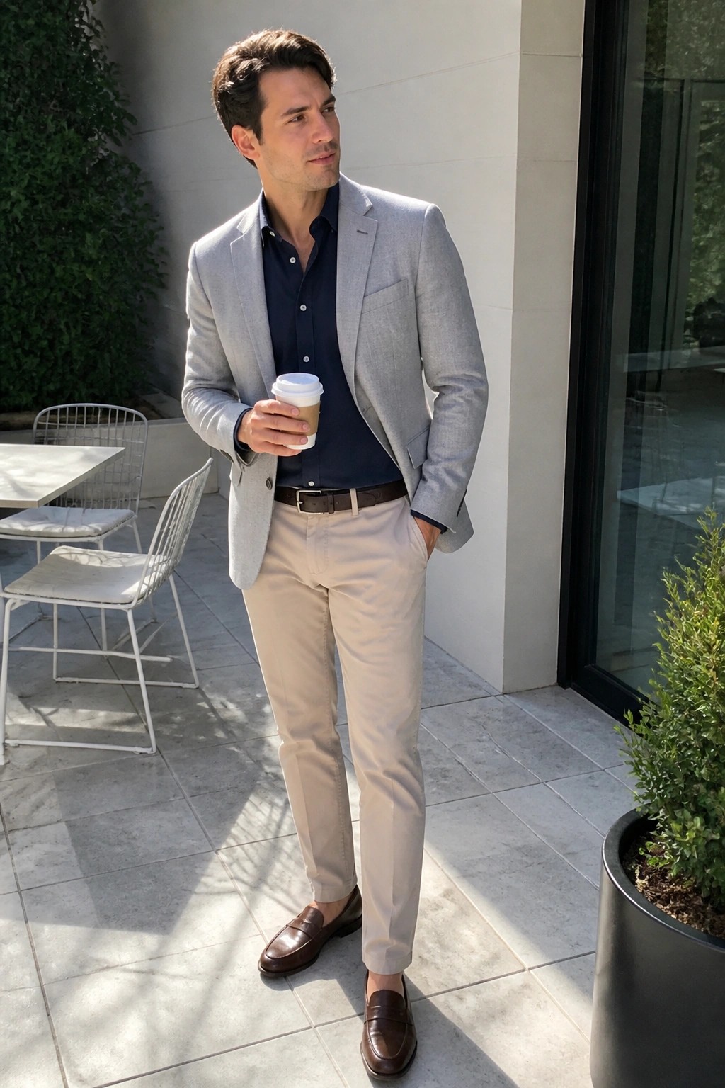 Man in gray blazer and navy shirt holds coffee on sunny patio
