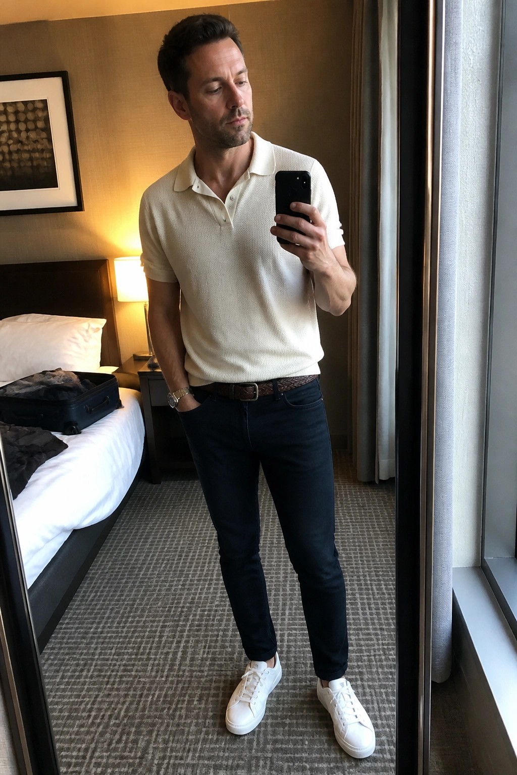 Man in cream polo shirt and dark jeans taking mirror selfie in hotel room