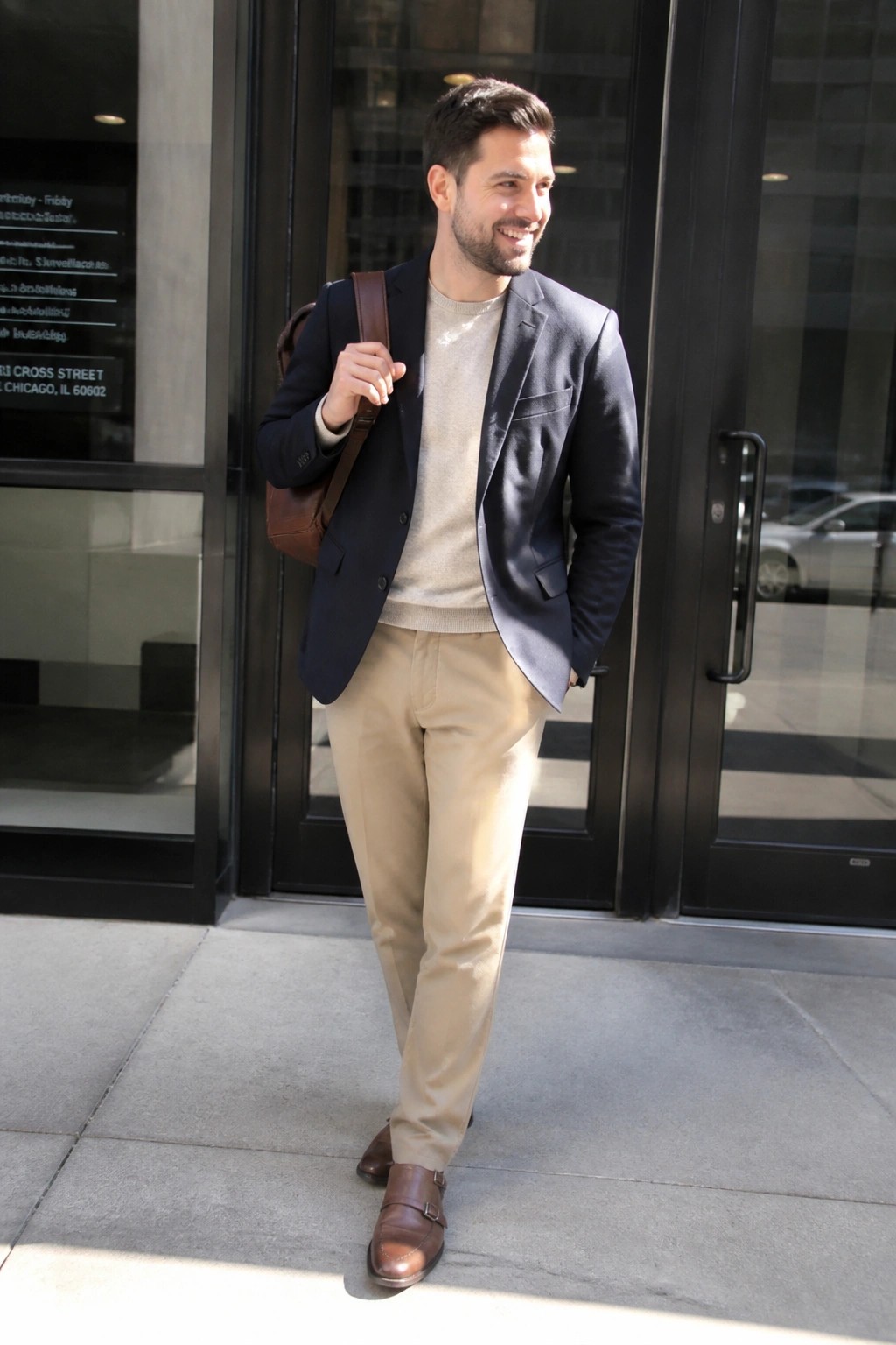 Smiling man in navy blazer, beige sweater, khaki pants, holding brown leather bag.