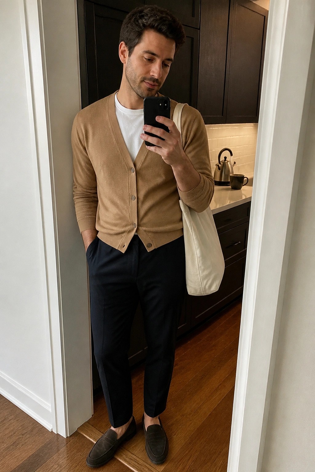 Man in tan cardigan and navy pants taking mirror selfie in kitchen.