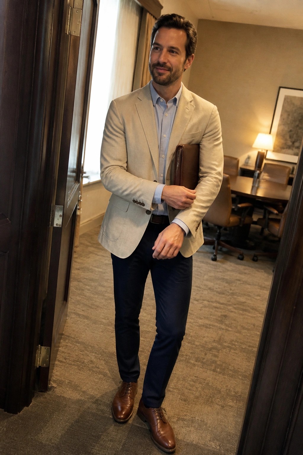 Man in beige blazer holding leather folder in hotel room doorway