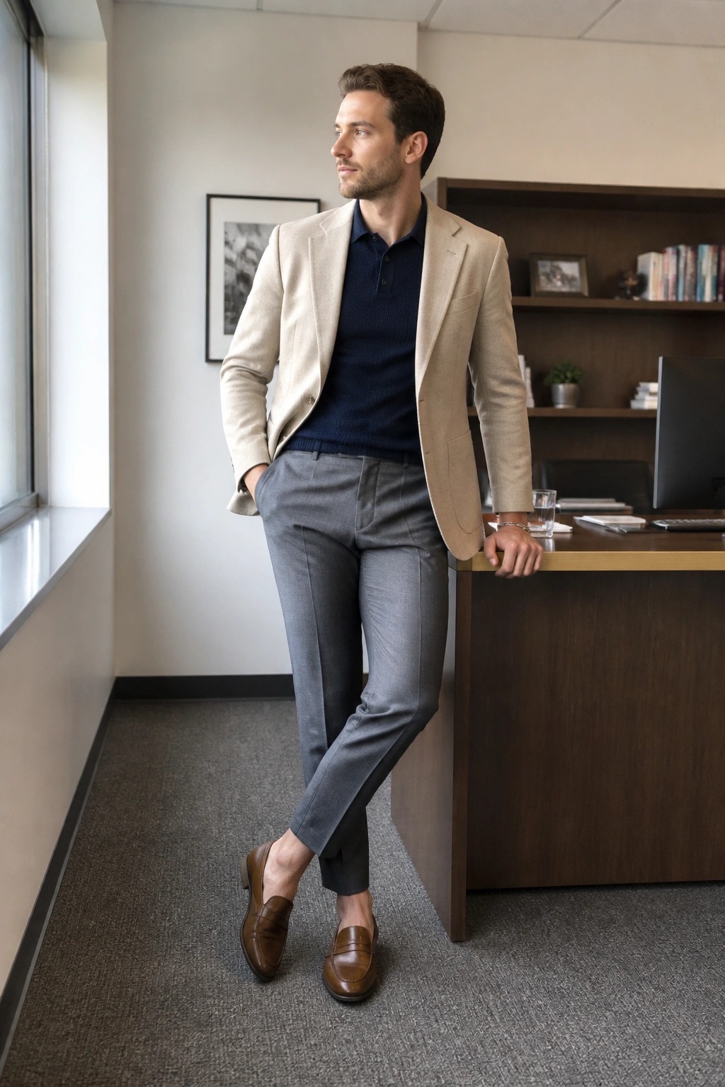 Man in beige blazer and gray pants leaning on wooden office desk