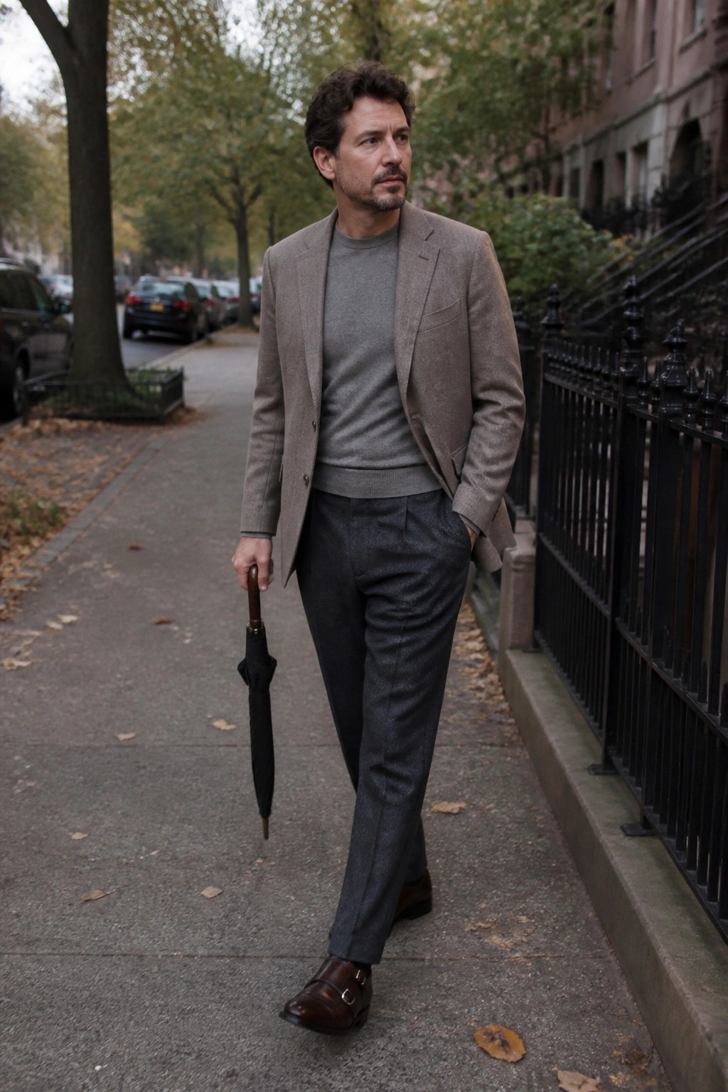 Man in beige blazer over gray sweater holding umbrella on autumn sidewalk