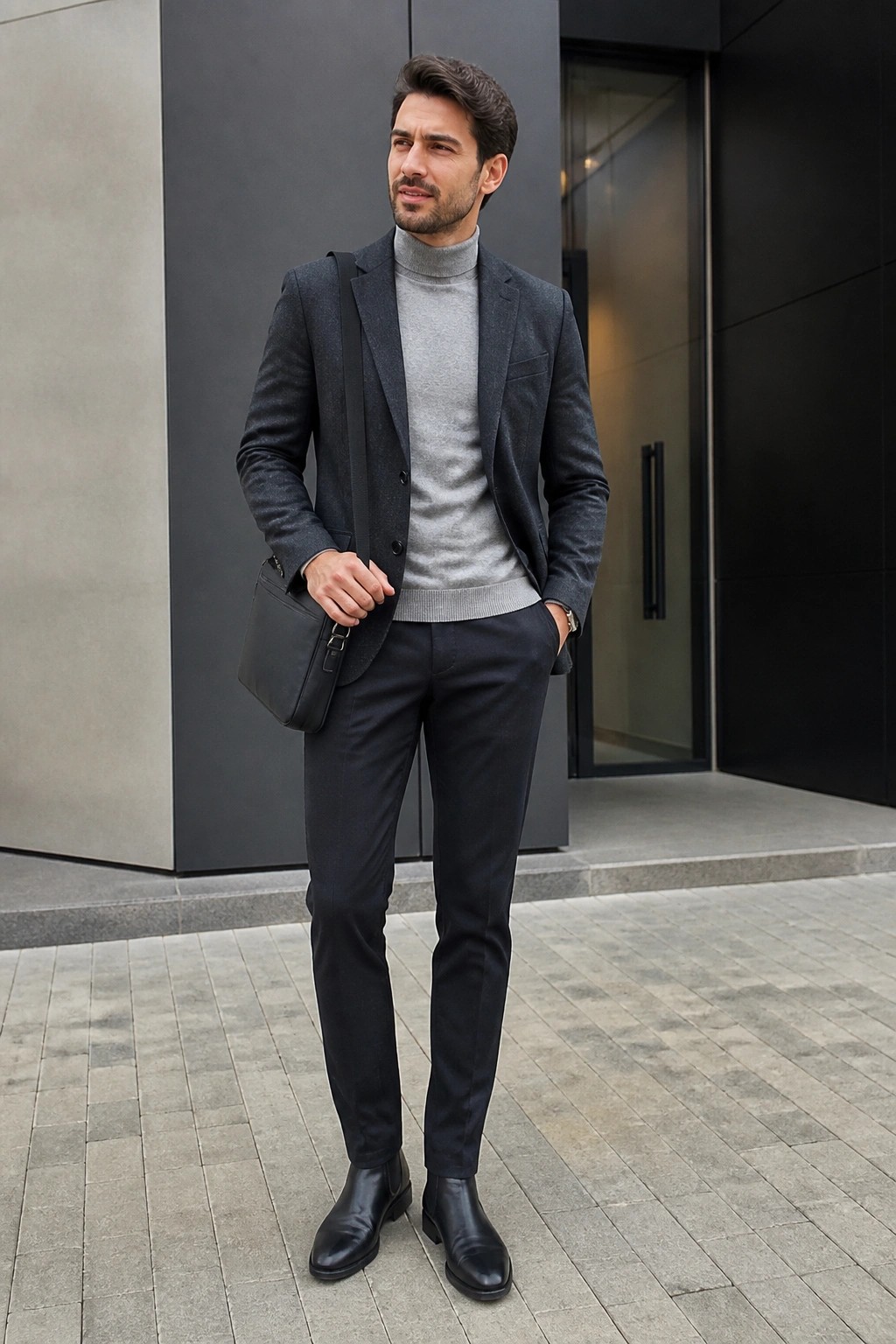 Man wearing charcoal blazer over light gray turtleneck sweater, dark trousers, black Chelsea boots and carrying a black messenger bag.