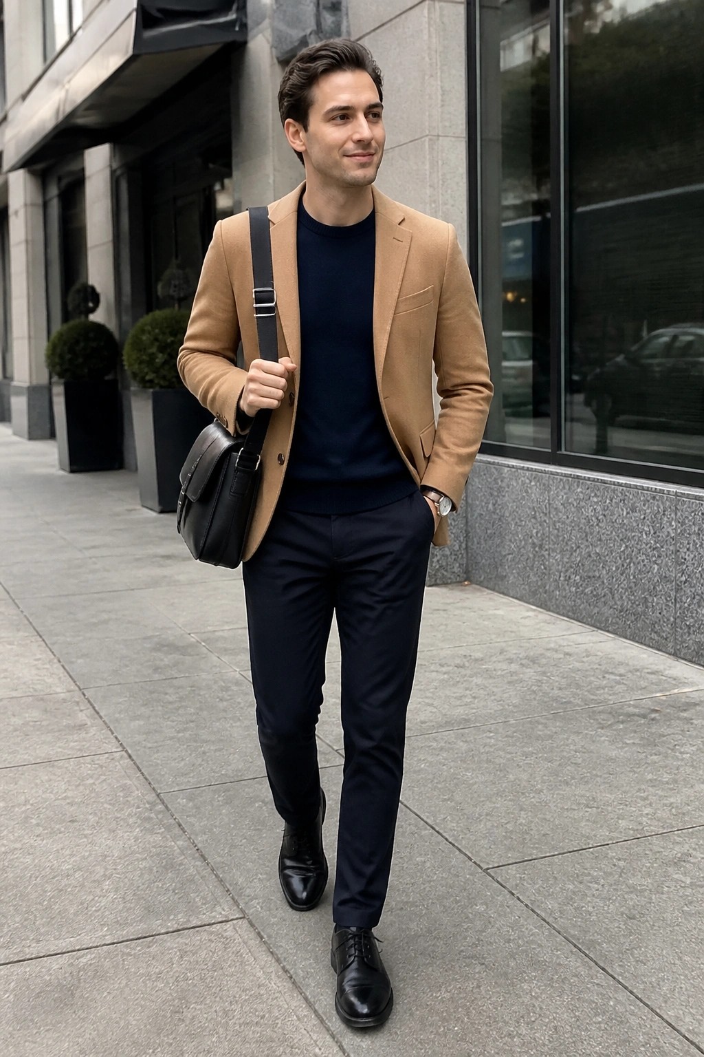 Man in tan blazer over navy sweater with black shoulder bag on sidewalk