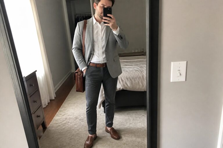 24 Elegant Office Blazer Outfits for Men Using Neutral Tailored Layers Man in gray blazer over white shirt holding phone for mirror selfie with brown bag