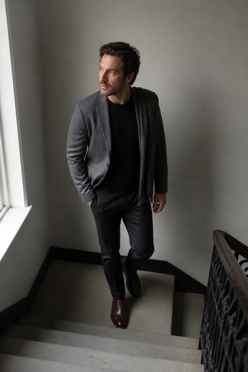 Man in gray blazer and black sweater with scarf on staircase