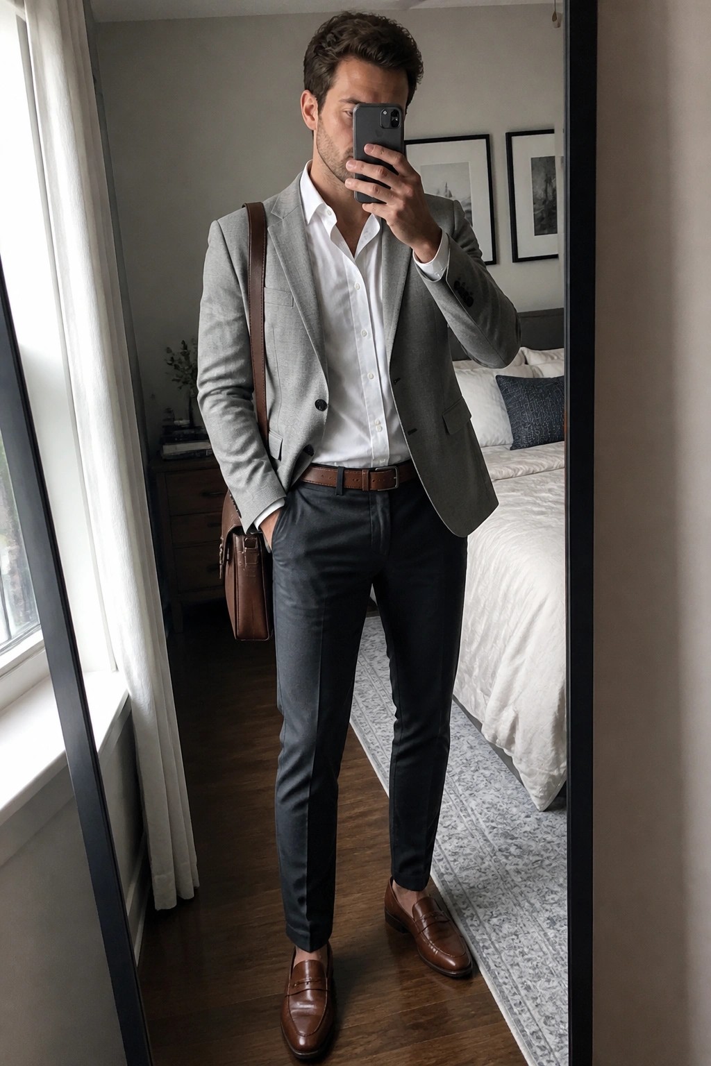 Man in gray blazer over white shirt holding phone for mirror selfie with brown bag