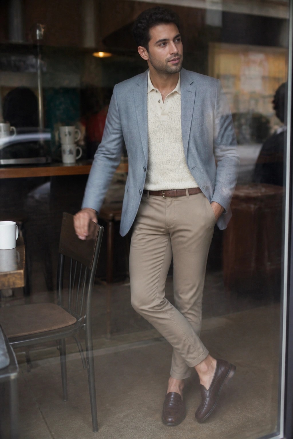 Man in light blue blazer, cream sweater, and khaki pants standing in cafe