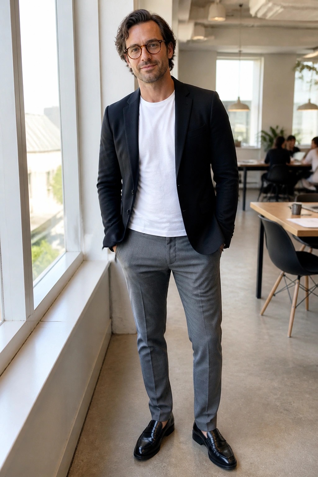 Man in black blazer, white t-shirt, and grey trousers in modern office.