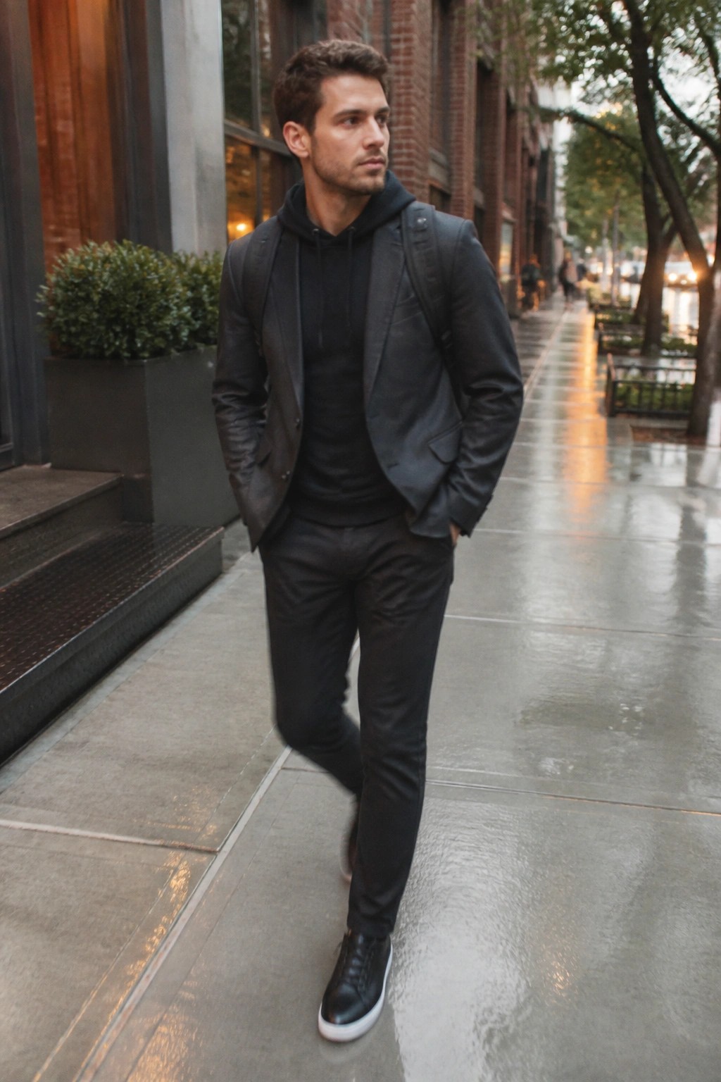 Man in black leather jacket over hoodie with backpack on wet city sidewalk at dusk