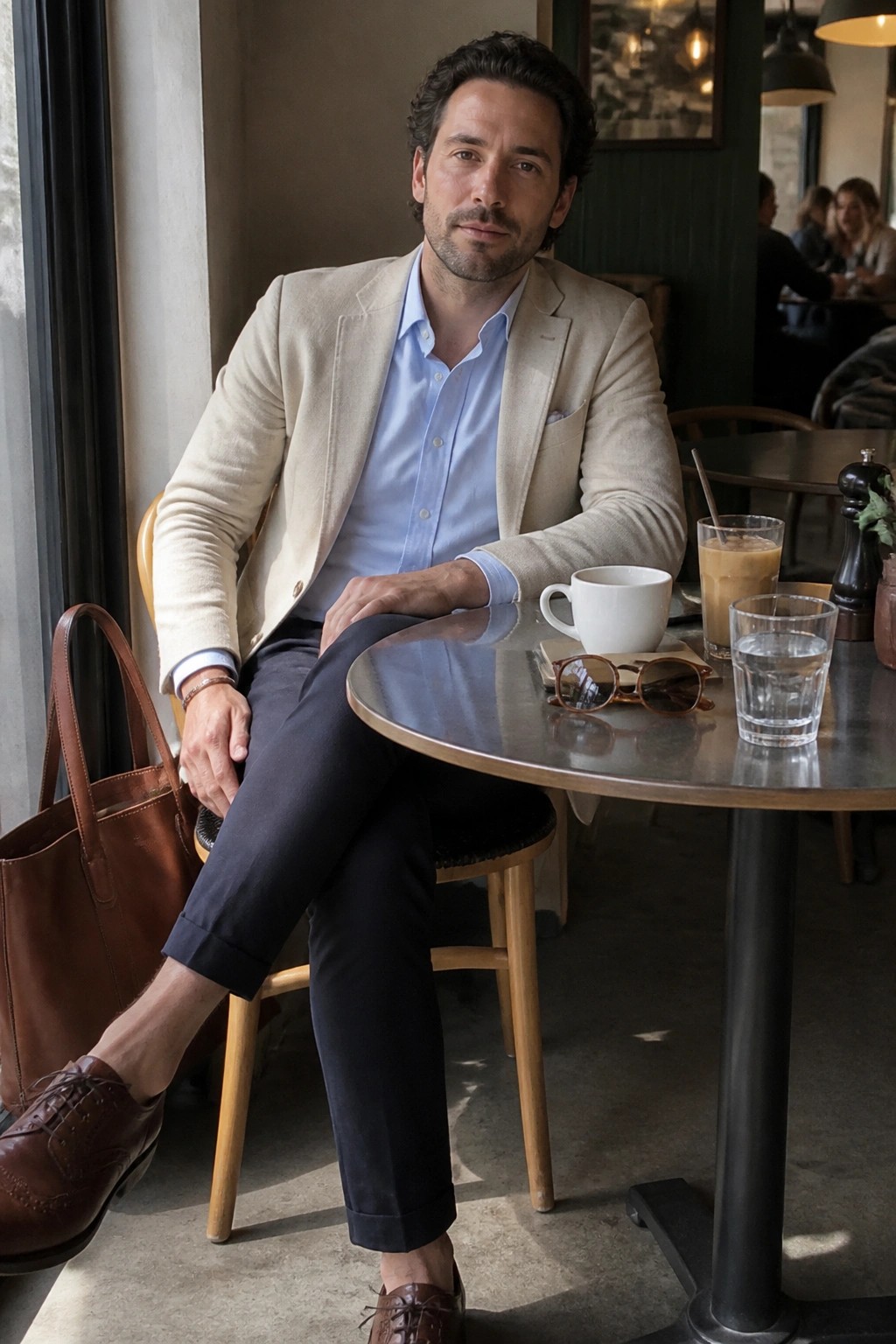 Man in beige blazer and blue shirt at cafe table with coffee and bag