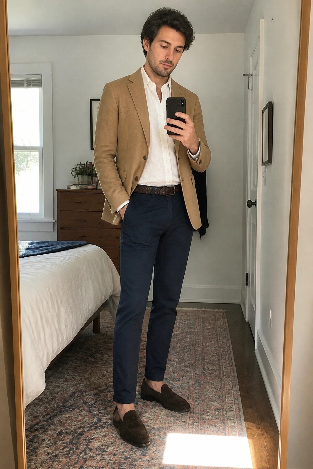 Man in tan blazer, white shirt, and navy pants takes bedroom mirror selfie