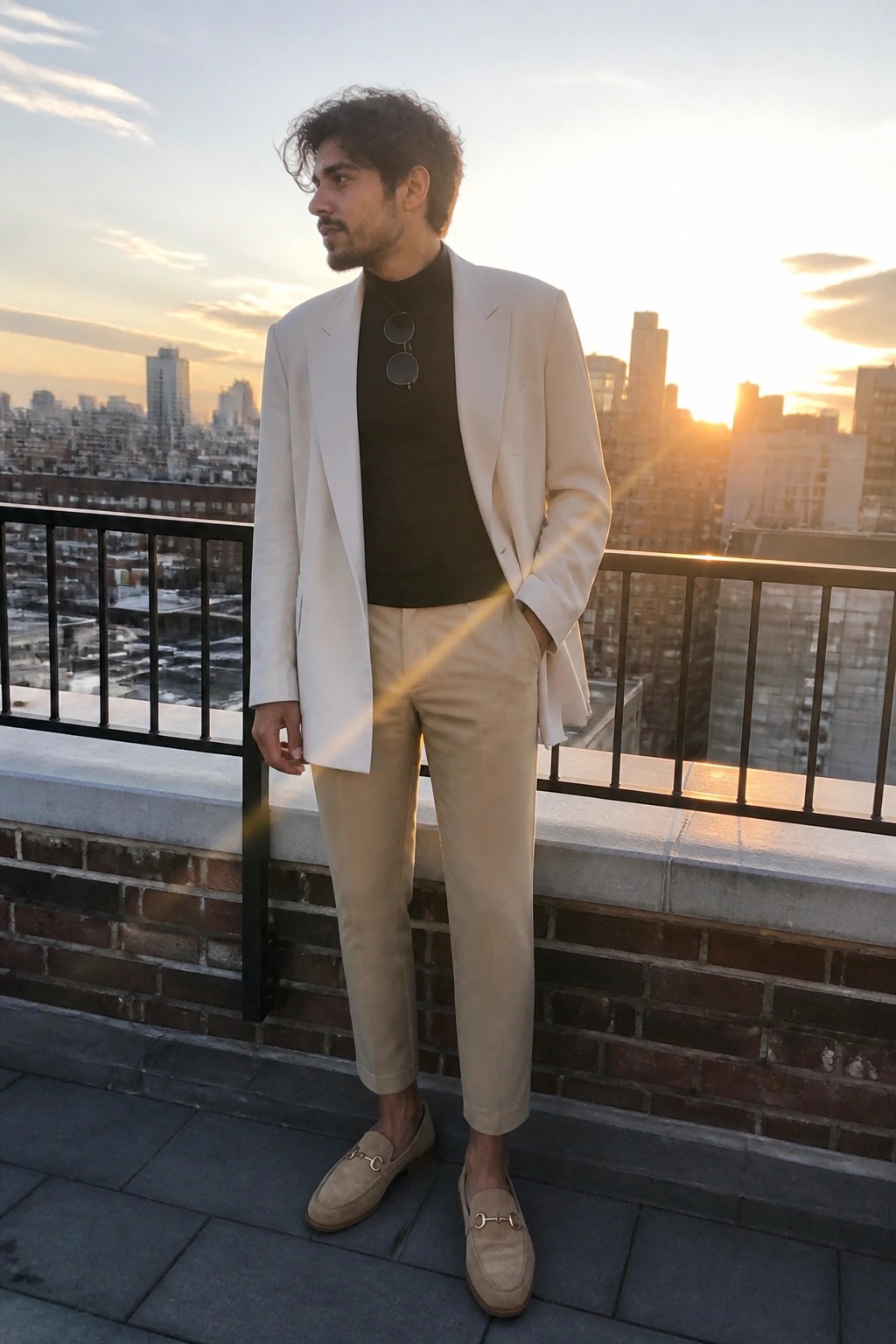Man in white blazer, dark turtleneck, and beige pants on city rooftop at sunset