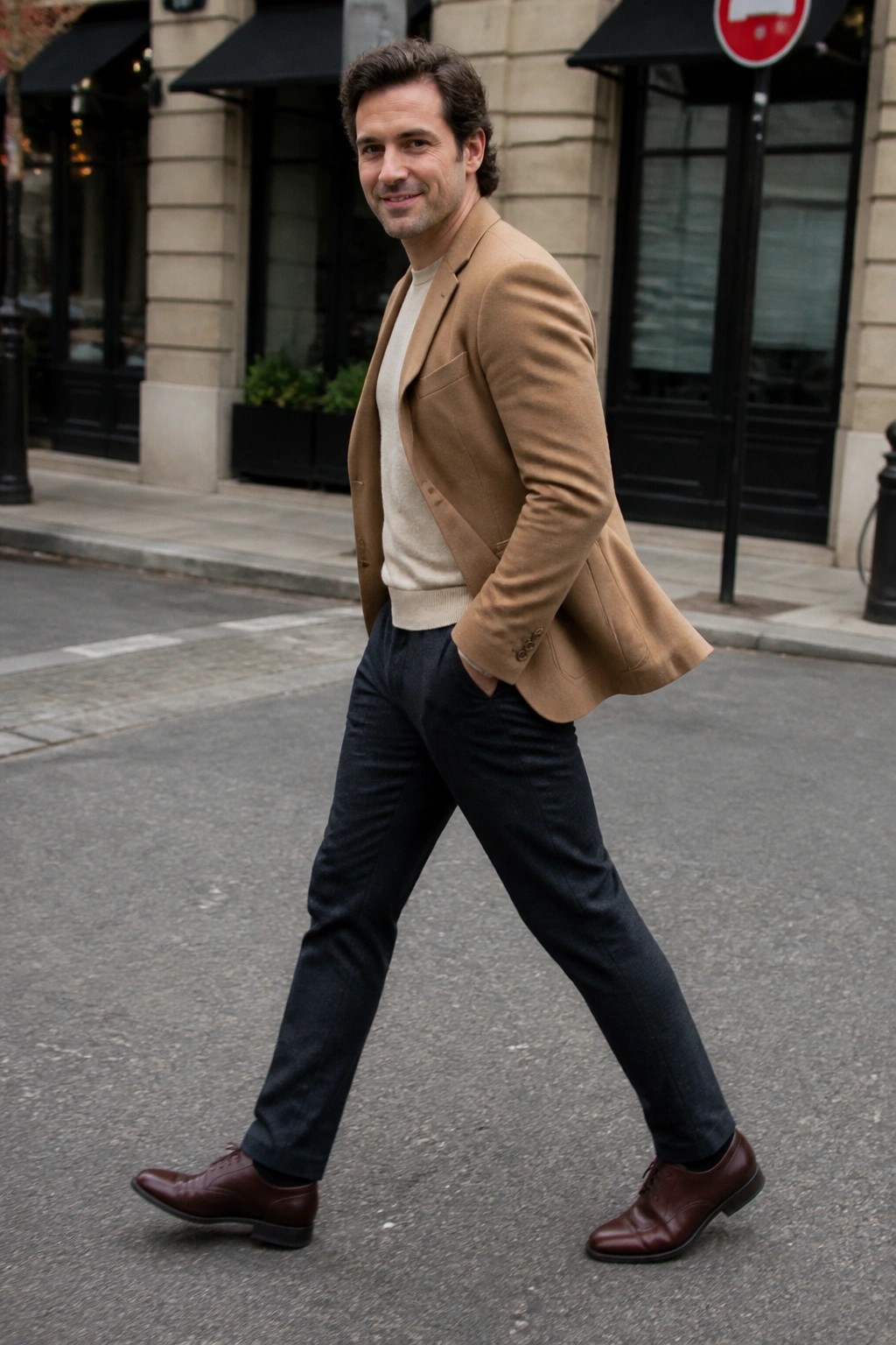 man wearing tan blazer over cream sweater, dark trousers, and brown leather shoes in smart casual style