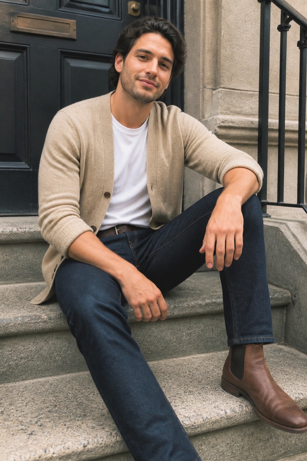 Man seated on stone steps wearing an open beige knit cardigan over a white crewneck tee, dark blue jeans with a brown belt, and brown leather chelsea boots.