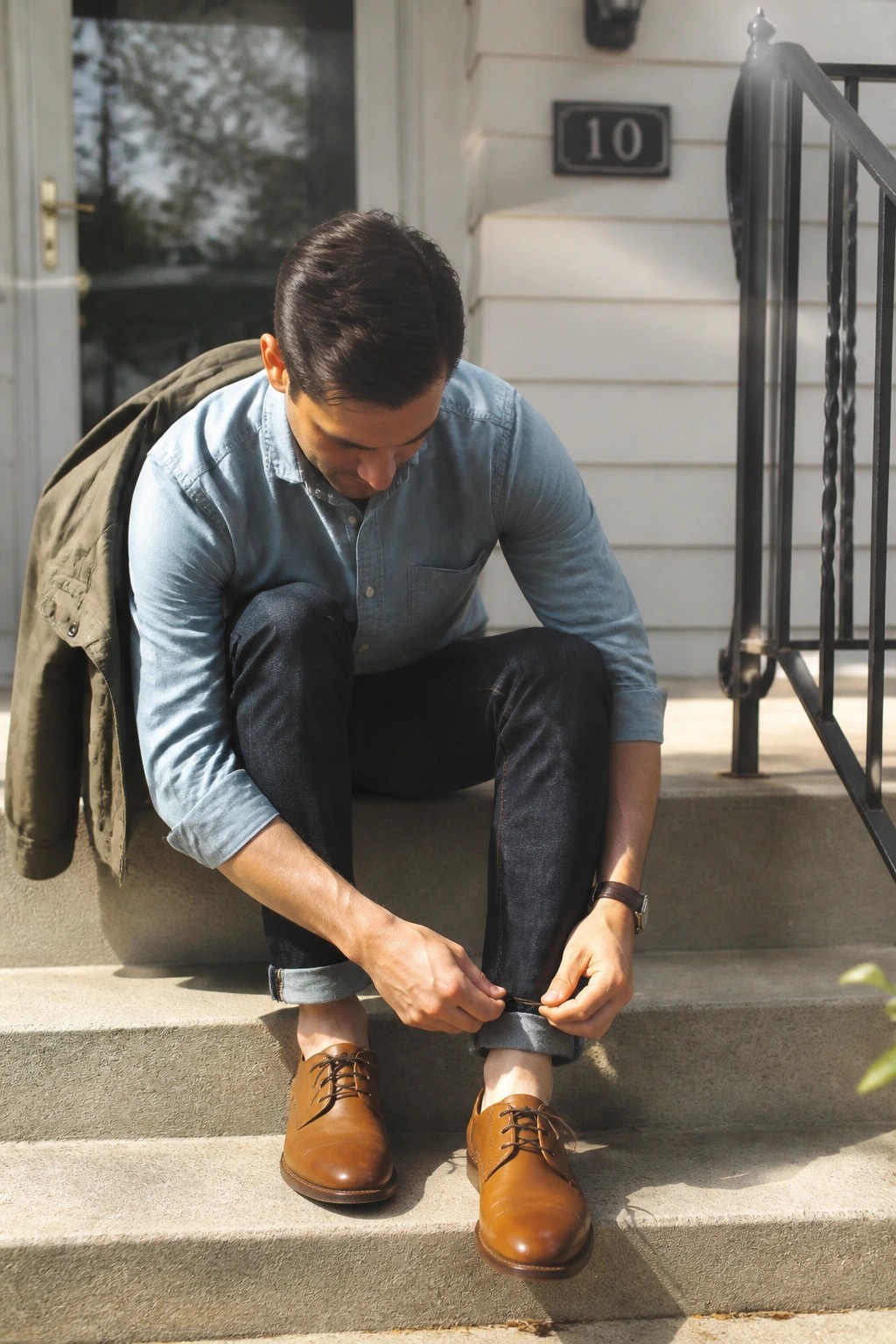 Man in blue shirt tying brown leather shoes on stone steps with jacket nearby