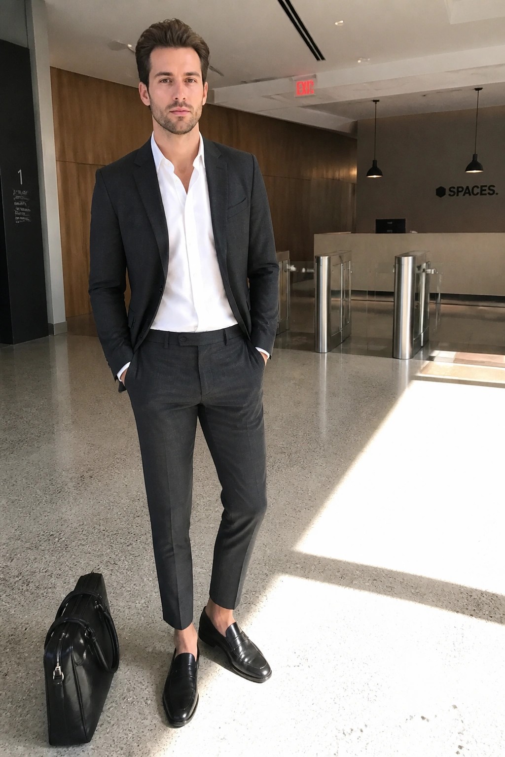 Man in dark gray suit and white shirt stands in modern office lobby with black bag