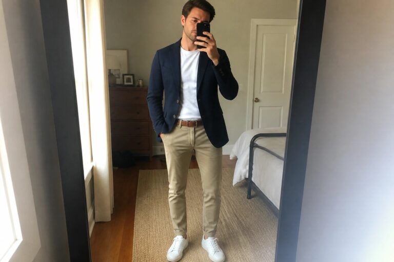 23 Elevated Smart Casual Outfits Men Can Wear from Work to Weekend Man in navy blazer, white tee, khaki pants, and white sneakers taking mirror selfie