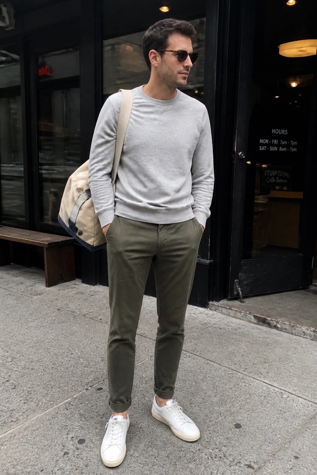 Man in gray sweatshirt and olive pants with canvas bag on city sidewalk