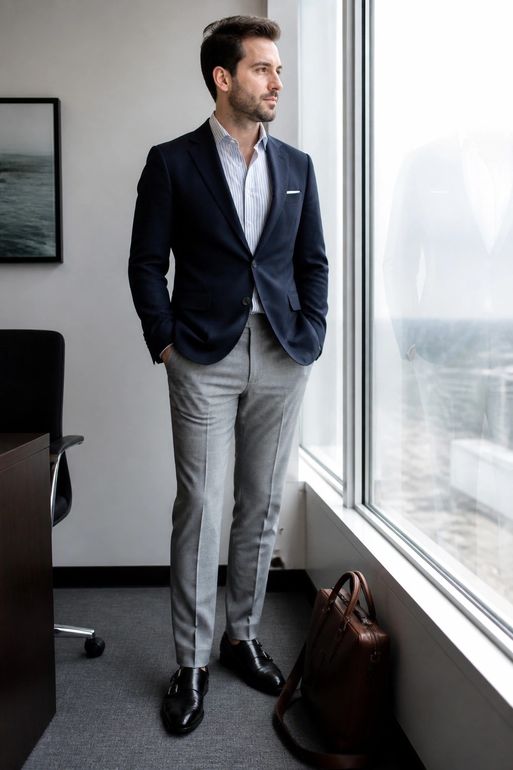 A man wearing a navy blazer over a light blue striped shirt paired with gray trousers and black double monk strap shoes next to a brown leather bag in an office setting.