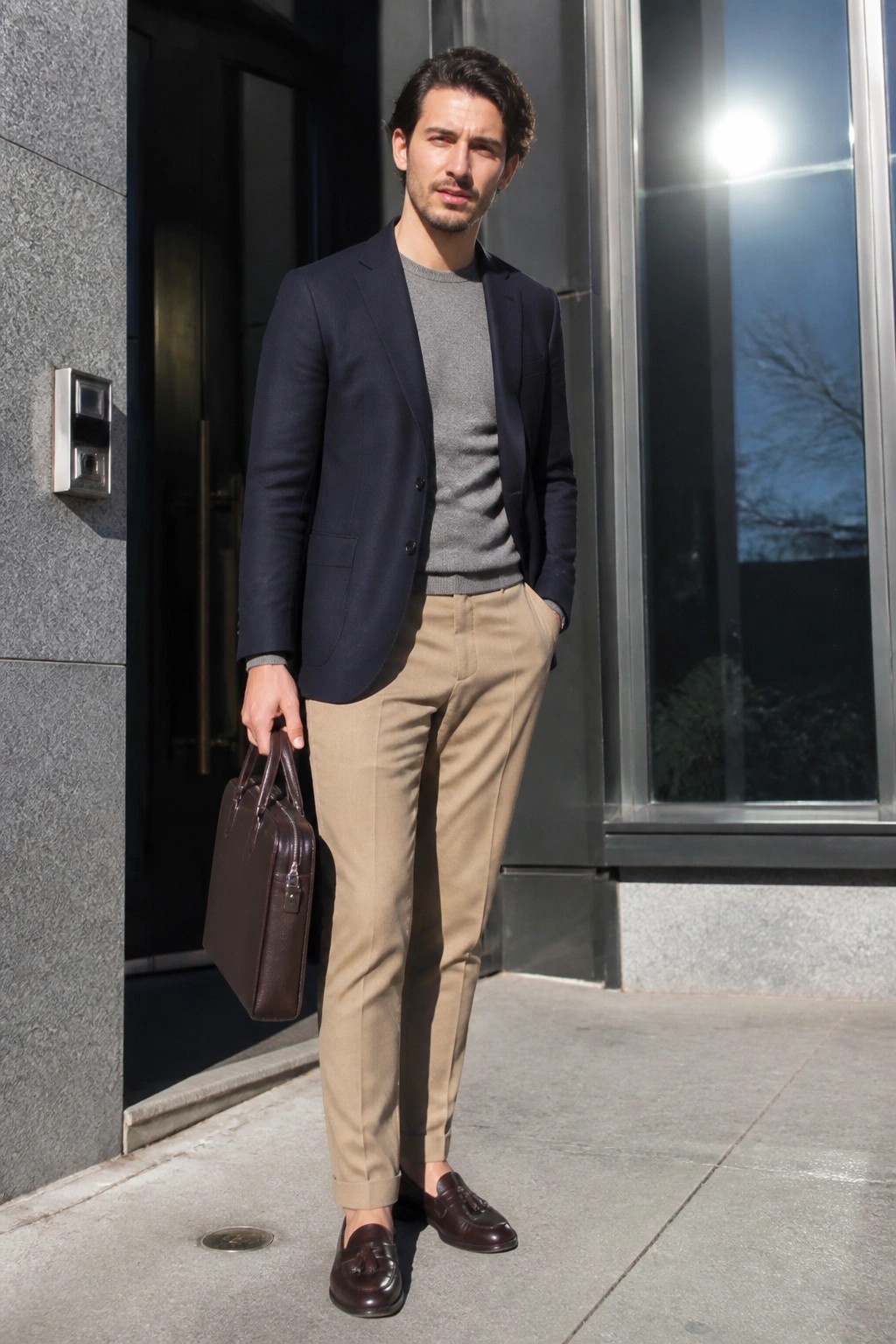Man in navy blazer, gray sweater, beige pants holding brown briefcase outdoors