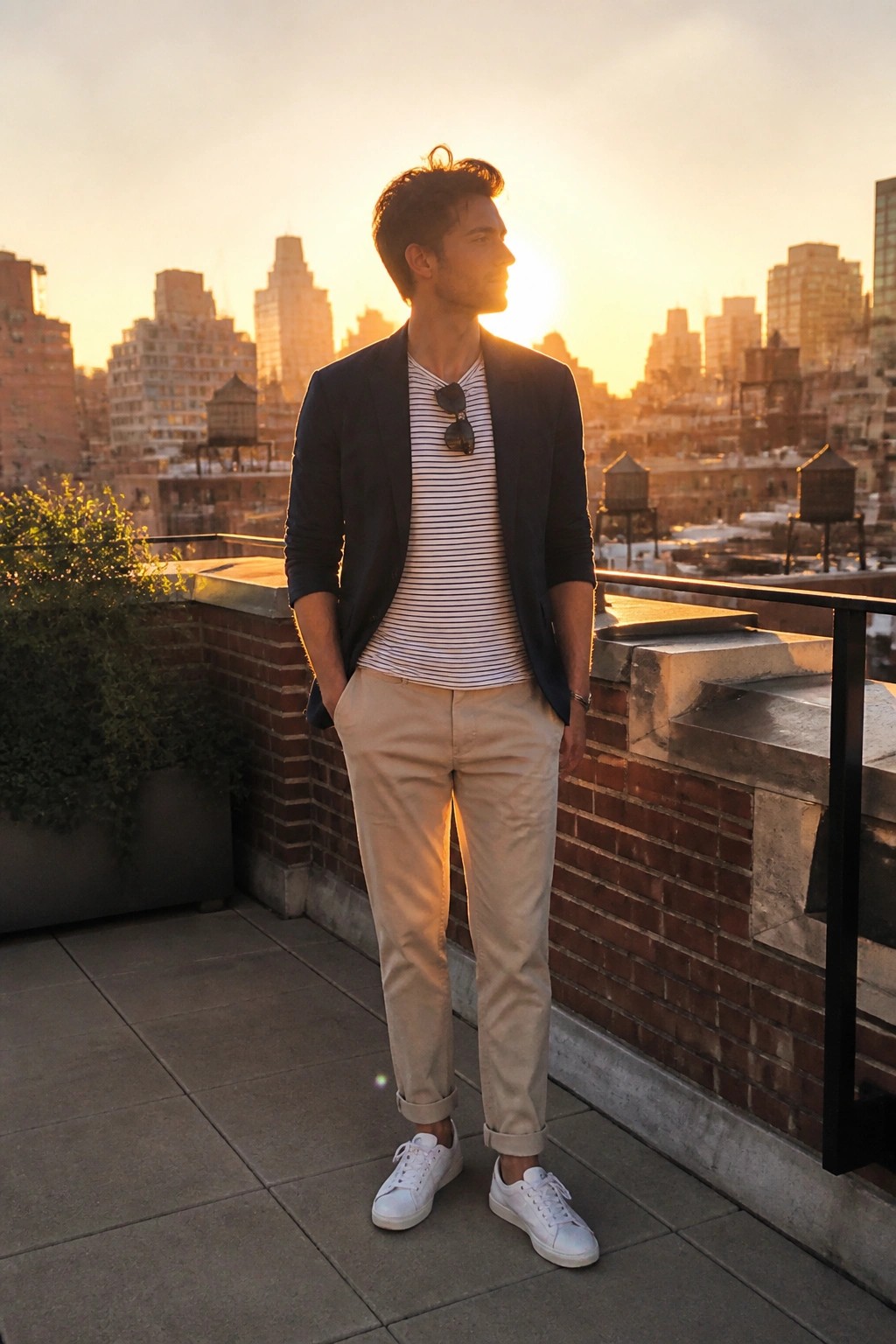 Man in navy blazer and striped tee stands on city rooftop at sunset.