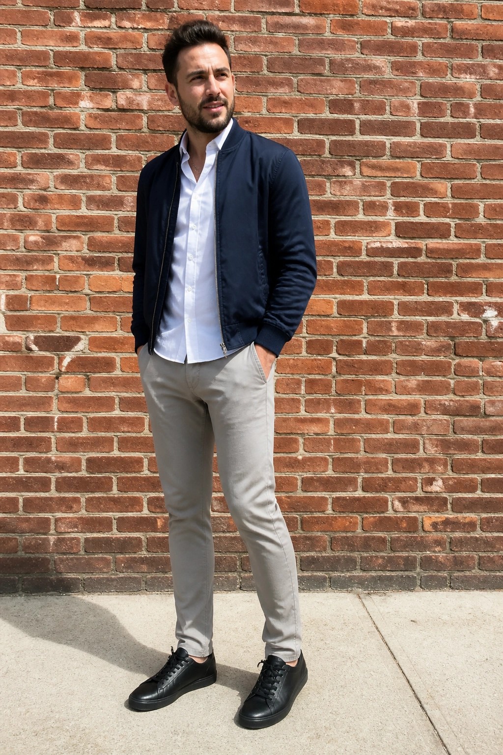 Man in navy bomber jacket over white shirt with gray pants by brick wall.