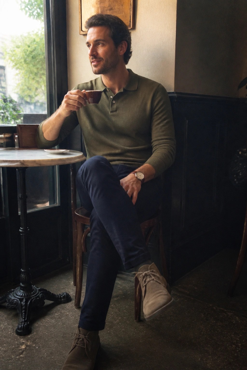 Man in green polo shirt sipping coffee at marble cafe table, legs crossed.